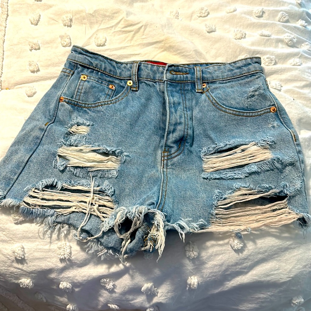 High waisted shorts, never worn , denim with distressing